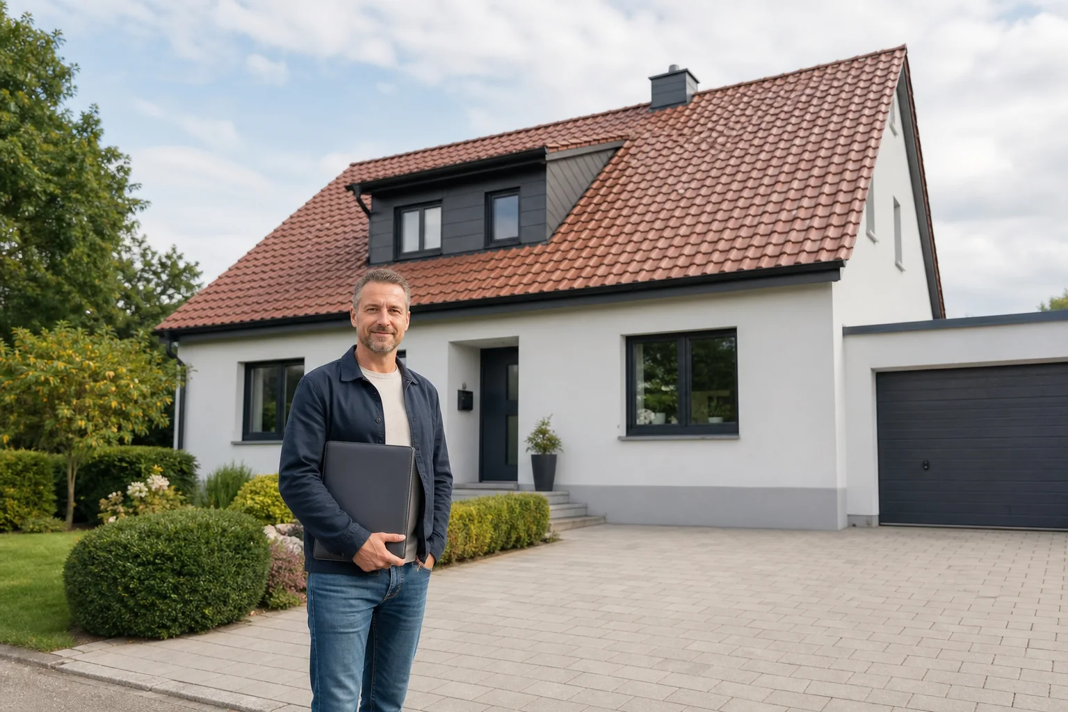 Immobilienbesitzer vor einem Wohnhaus mit Unterlagenmappe